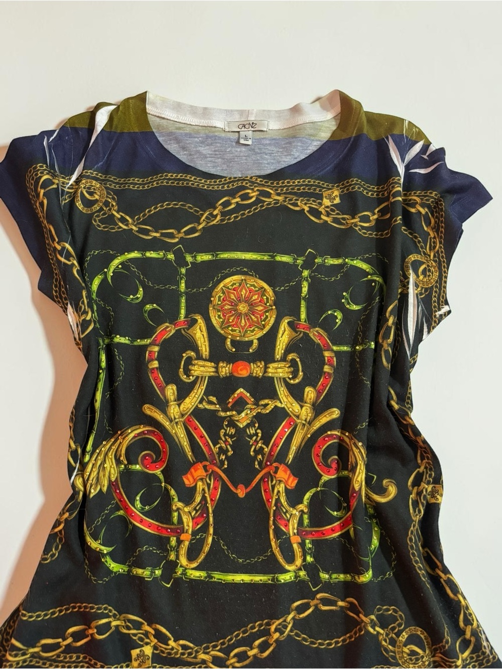 Y2K Cache Baroque Equestrian Chain Print Rhinestone Embellished Top Large - Picture 2 of 8